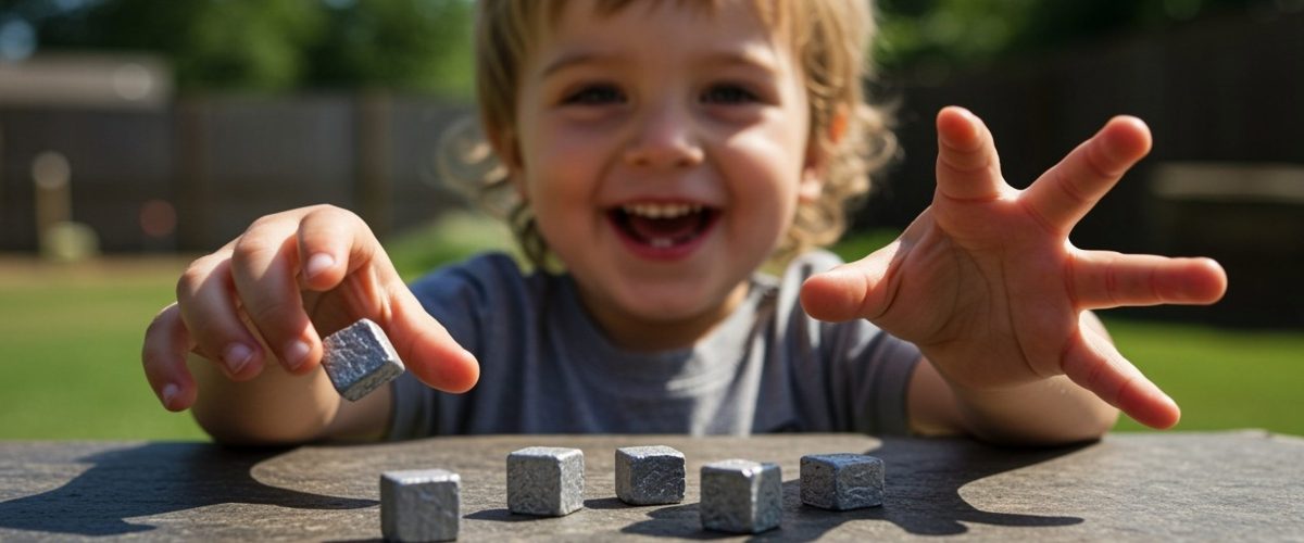 Outdoor,Photo,Of,A,Child,Plays,With,Five,Small,Square